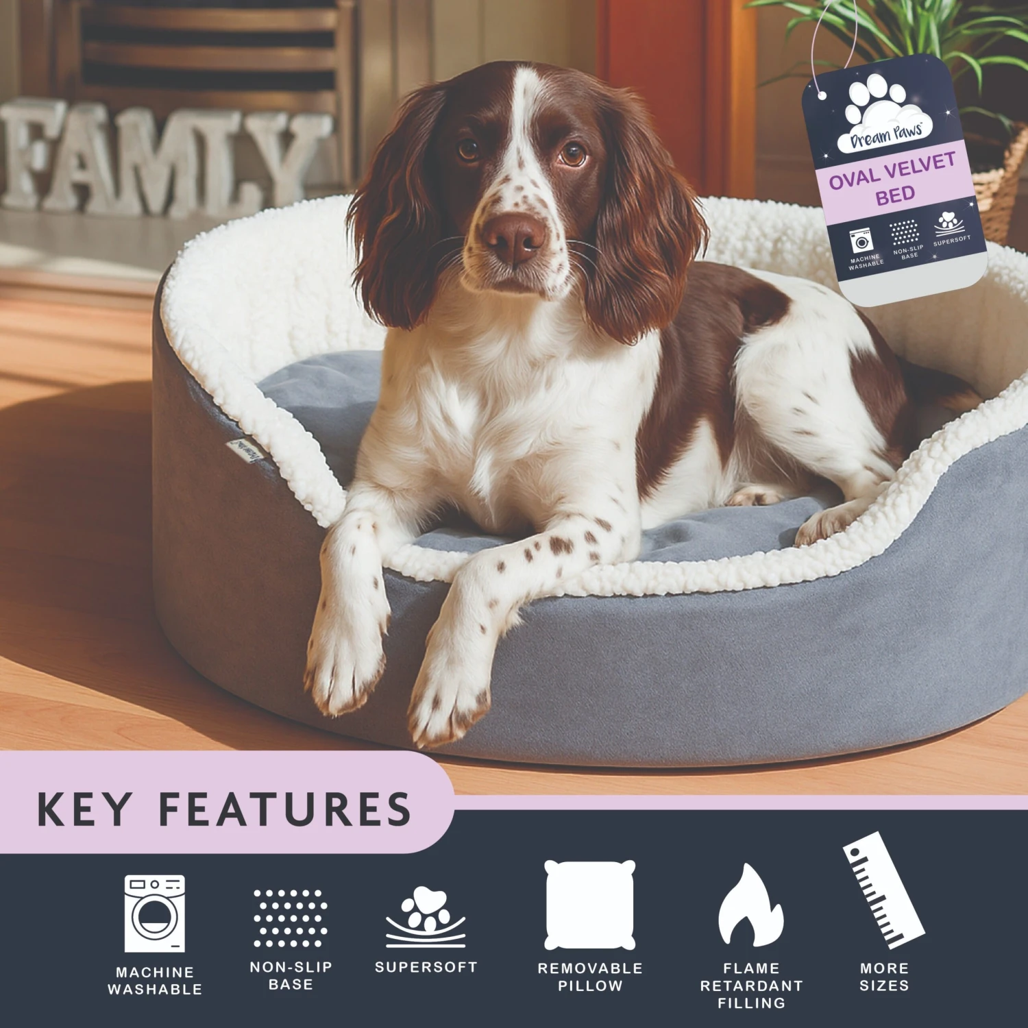 Dream Paws Grey Oval Velvet Dog Bed 6 Dream Paws Grey Oval Velvet Dog Bed - Image 6